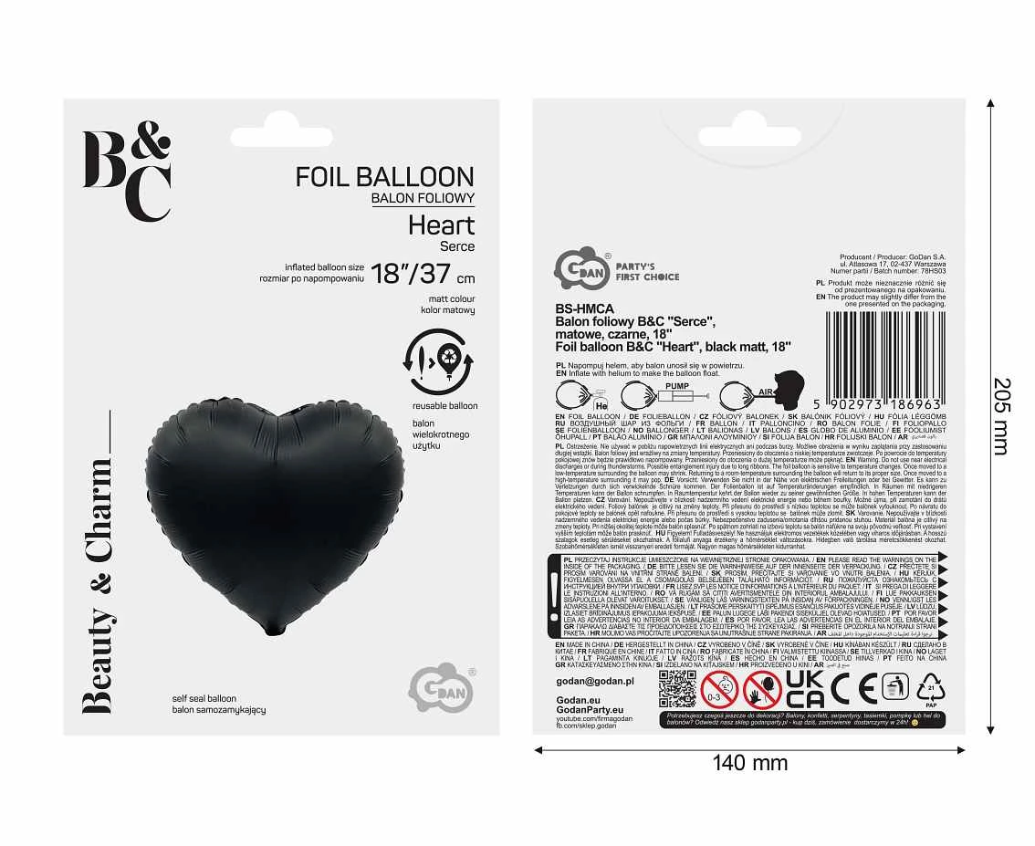 Balon foliowy B&C "Serce", matowe, czarne, 18" KK